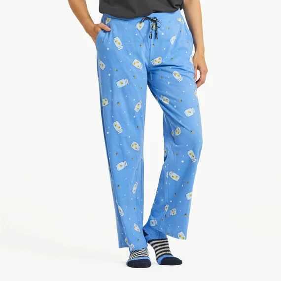 Life is Good. Women's Firefly Jar Pattern Snuggle Up Sleep Pant, Cornflower Blue Casual Wide Pants