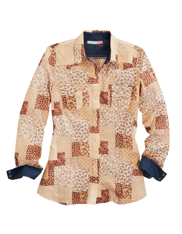 WOMENS LONG SLEEVE SNAP SUNRISE PATCHWORK PRINT WESTERN SHIRT Rayon Fabric Velvet Fabric Corduroy Fabric