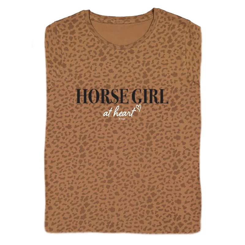 24102 Horse Girl at Heart Ladies Short Sleeve Tee, Brown Leopard Casual Formal Business