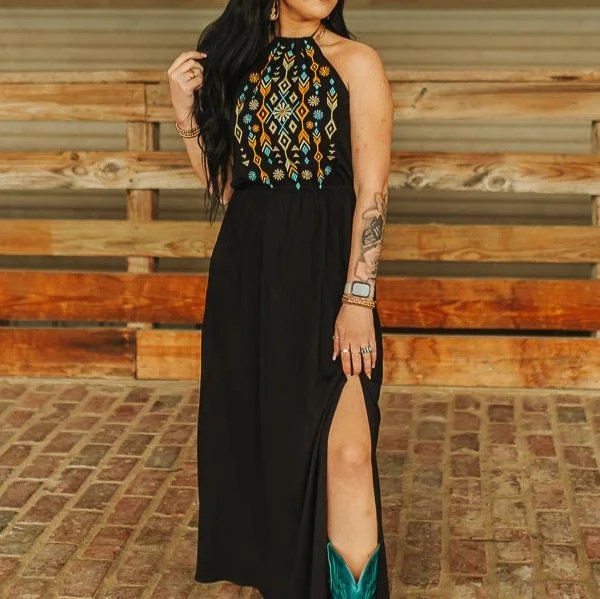 Black Aztec Embroidered Halter Spaghetti Strap Maxi Dress W Slit Fashionable Asymmetrical Maxi Dress