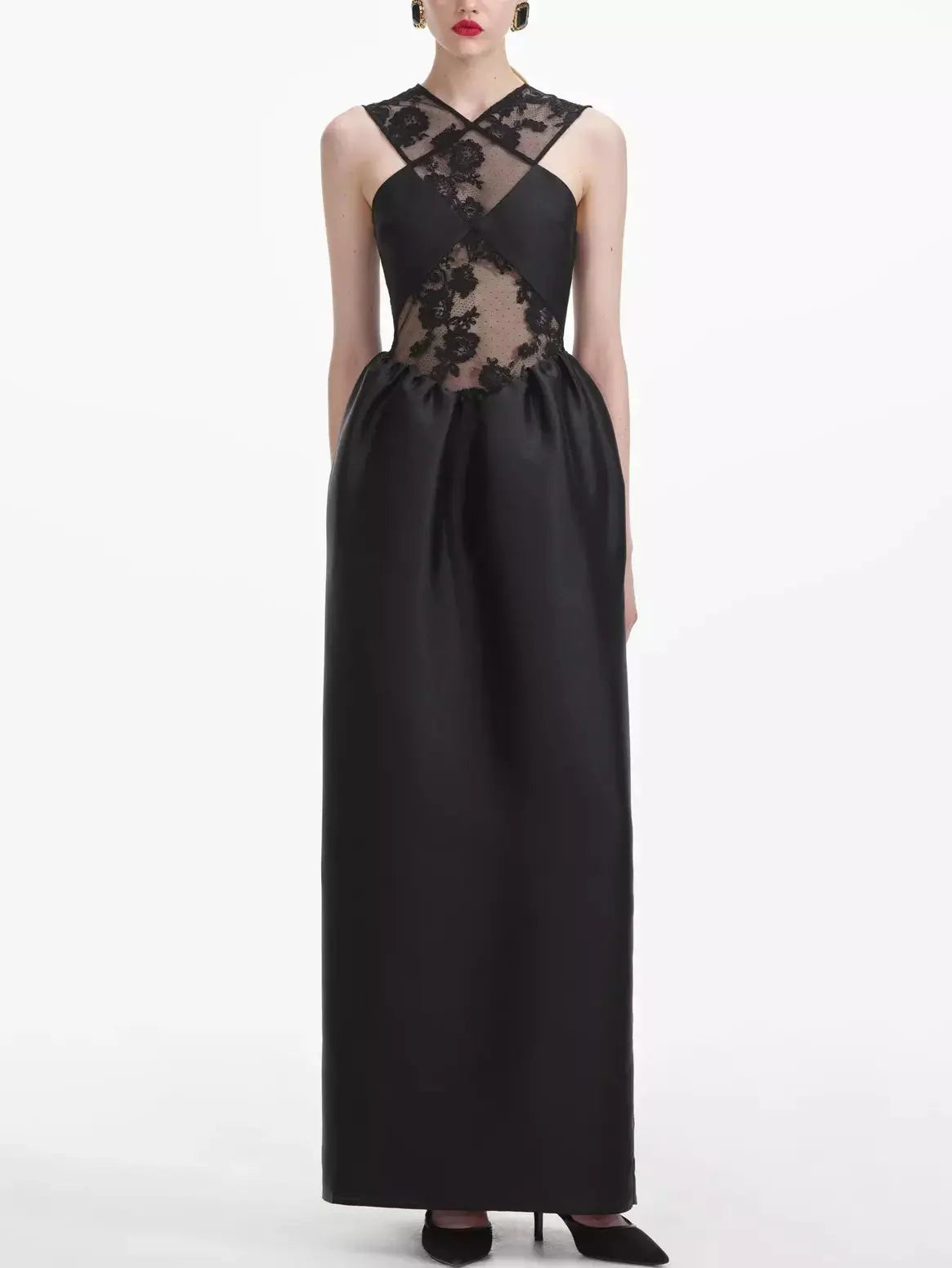 Black Lace Taffeta Cross-Front Maxi Dress Classic Black Maxi Dress