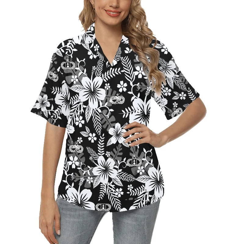 Black White Grey Flowers All Over New and Old Basic Senior Master Occupational Maintenance Badges Womens Hawaiian Shirt Embroidered Appliqued Beaded