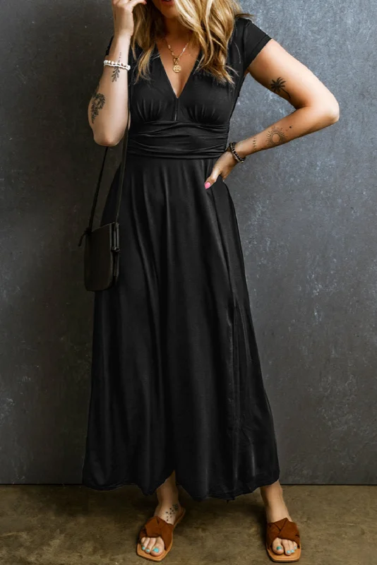 Blue Zone Planet |  Black Short Sleeve Shirred High Waist V Neck Maxi Dress Elegant Maxi Dress with Drapes