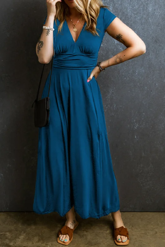 Blue Zone Planet |  Peacock Blue Short Sleeve Shirred High Waist V Neck Maxi Dress Stylish Long Sleeve Maxi Dress