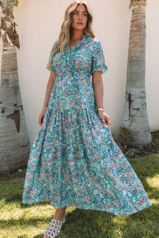 Blue Zone Planet |  Sky Blue Paisley Print Boho Holiday Ruffle Tiered Maxi Dress Fashionable Asymmetrical Maxi Dress