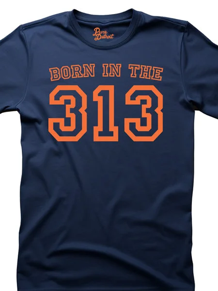 Born in the 313 Unisex T-shirt - Orange / Navy Houndstooth Herringbone Solid