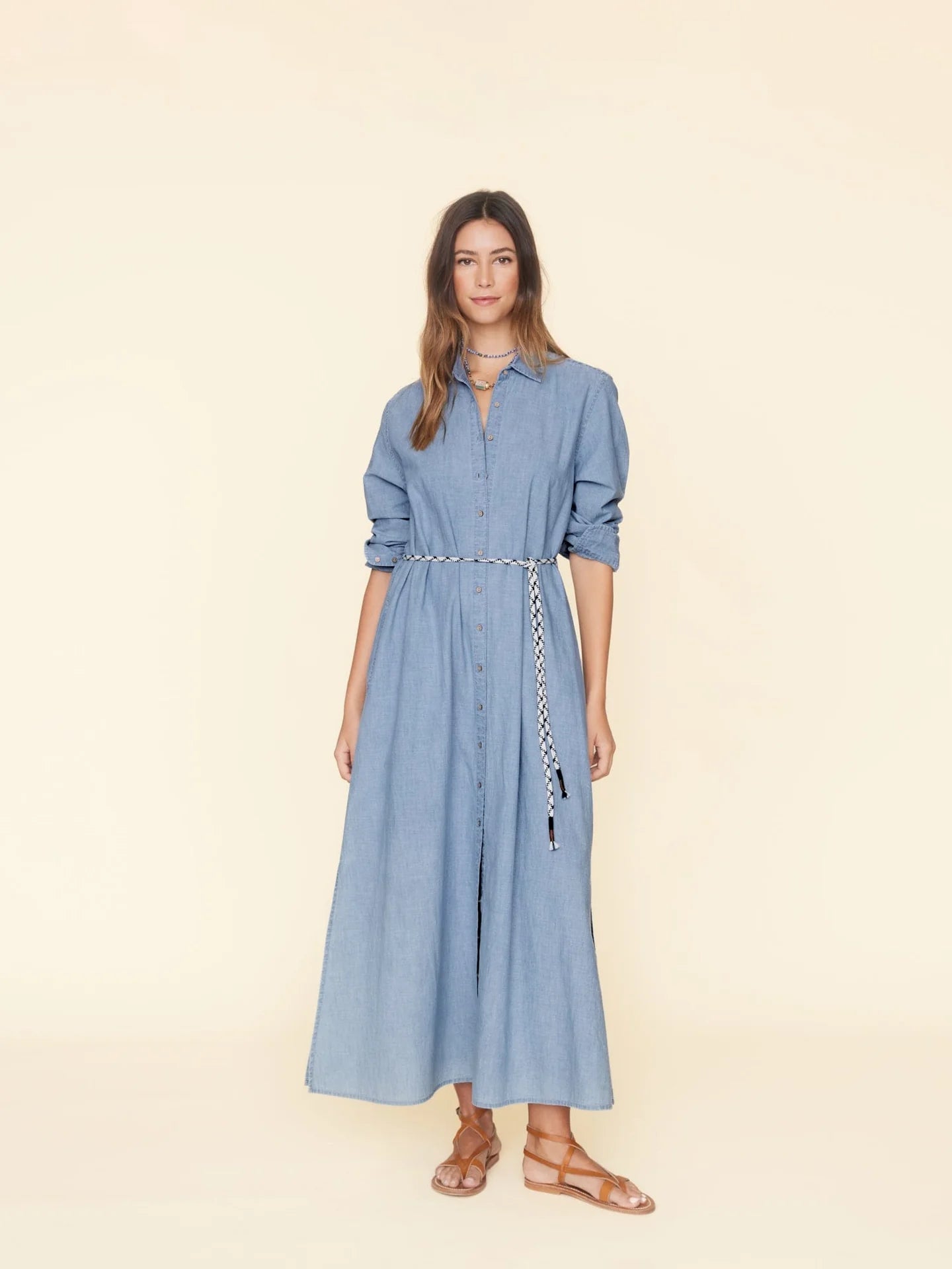 BOWEN Denim Maxi Dress in Dusty Blue Elegant Floral Maxi Dress