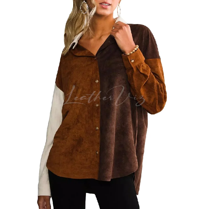 COLOR BLOCK WOMEN SUEDE LEATHER SHIRT Seamless Knitted Crochet