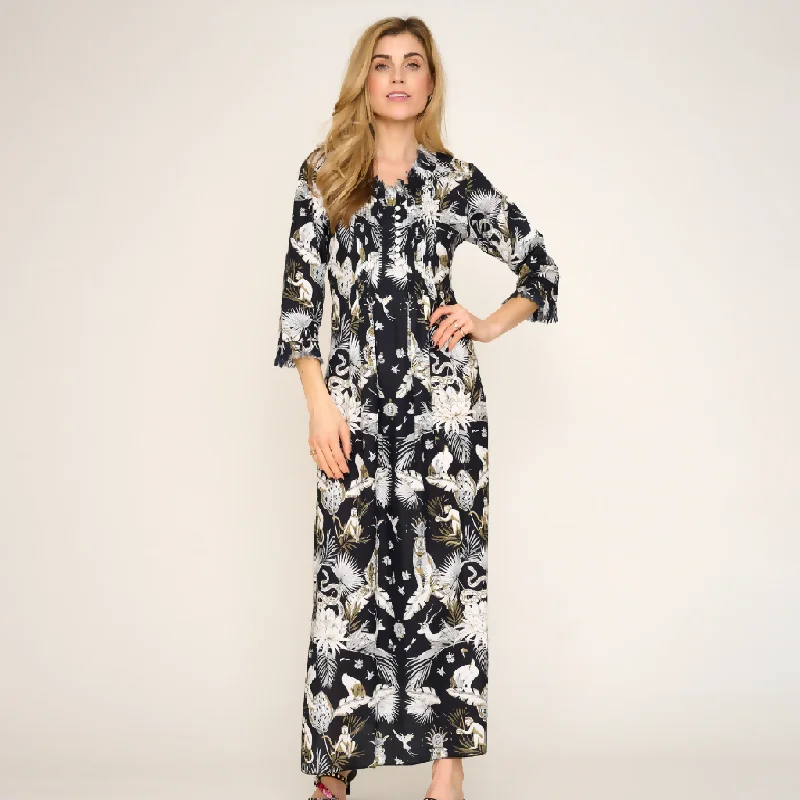 Cotton Annabel Maxi Dress in Black Tropical Comfortable Maxi Dress with Sleeves