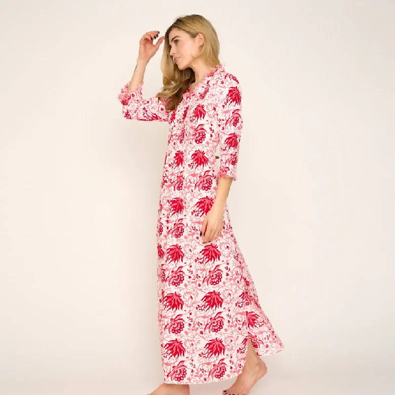 Cotton Annabel Maxi Dress in Botanical Red & Pink Flower Cozy Longline Maxi Dress