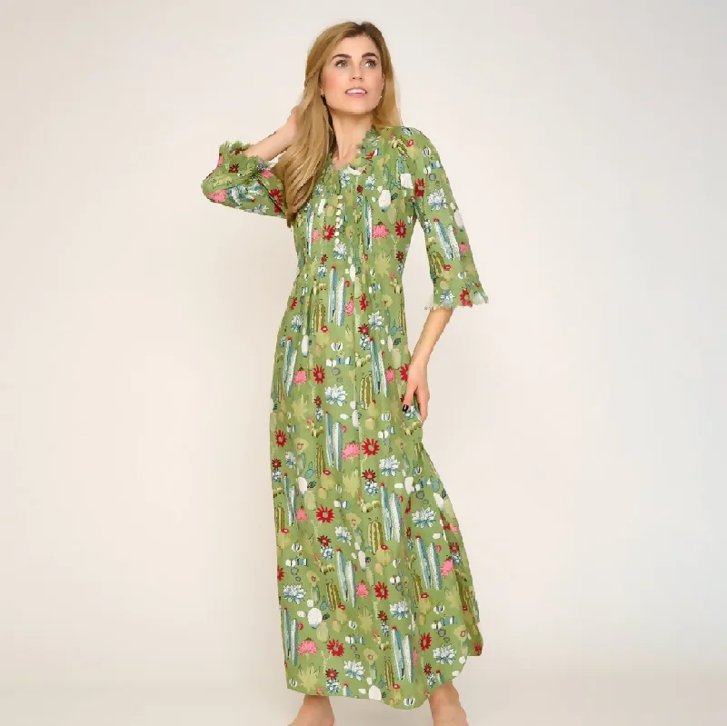 Cotton Annabel Maxi Dress in Green Cactus Elegant Maxi Dress with Lace