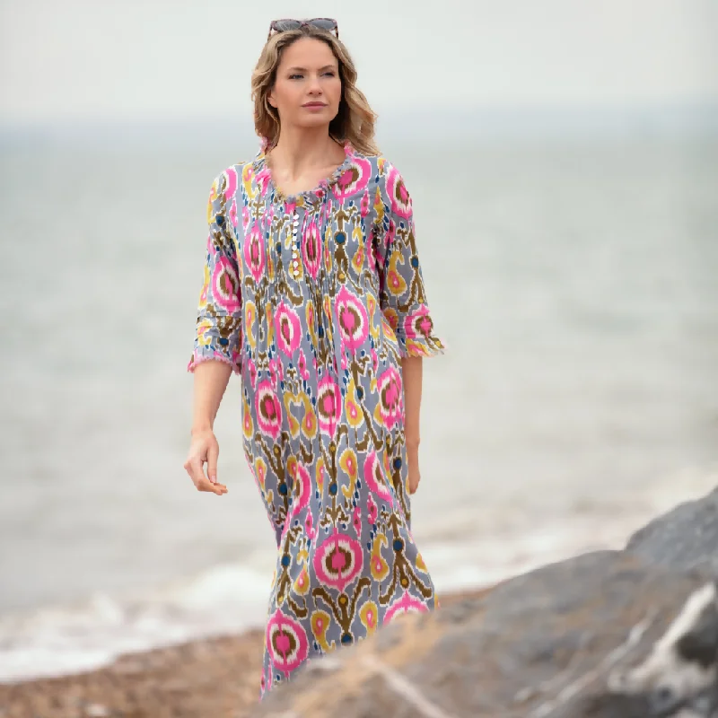 Cotton Annabel Maxi Dress in Grey Multi Ikat Elegant Pleated Maxi Dress