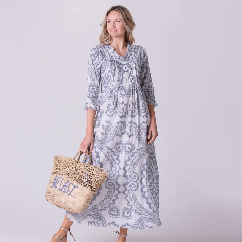 Cotton Annabel Maxi Dress in Grey & White Ikat Comfortable Maxi Dress with Belt