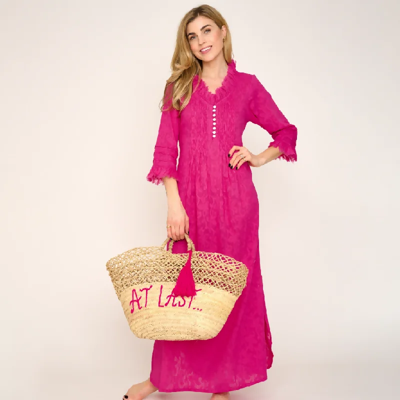 Cotton Annabel Maxi Dress in Hand Woven Hot Pink Stylish Boho Chic Maxi Dress