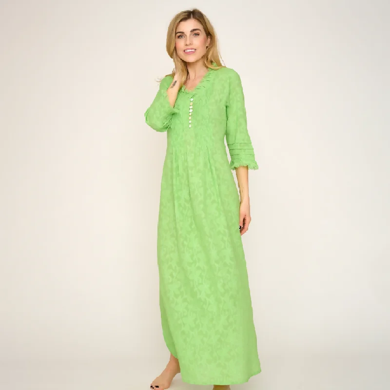 Cotton Annabel Maxi Dress in Hand Woven Lime Green Trendy Off-Shoulder Ruffle Maxi Dress