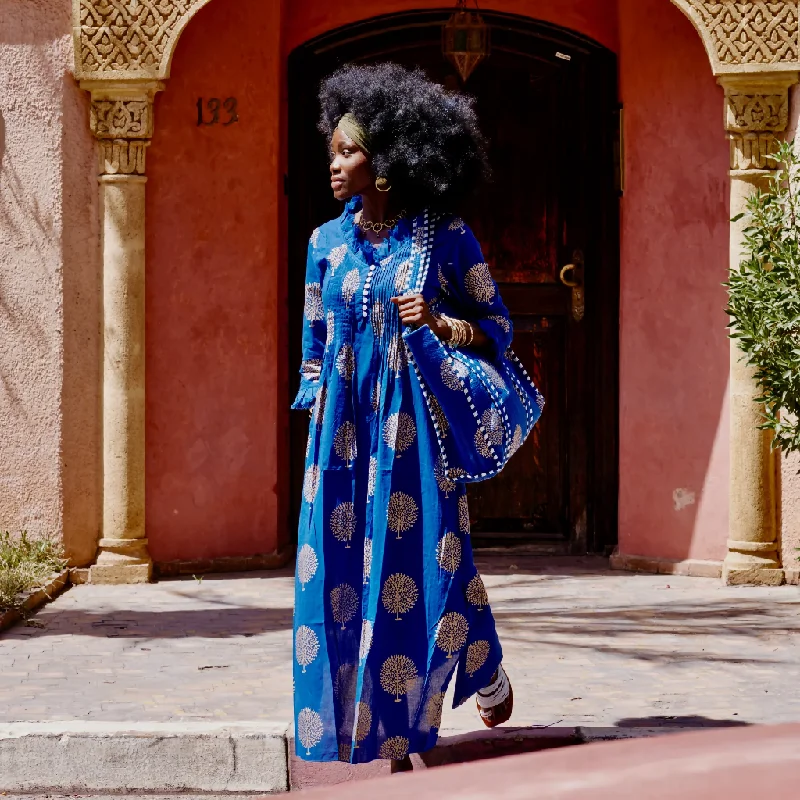 Cotton Annabel Maxi Dress in Marrakesh Blue & Gold Trendy V-Neck Maxi Dress