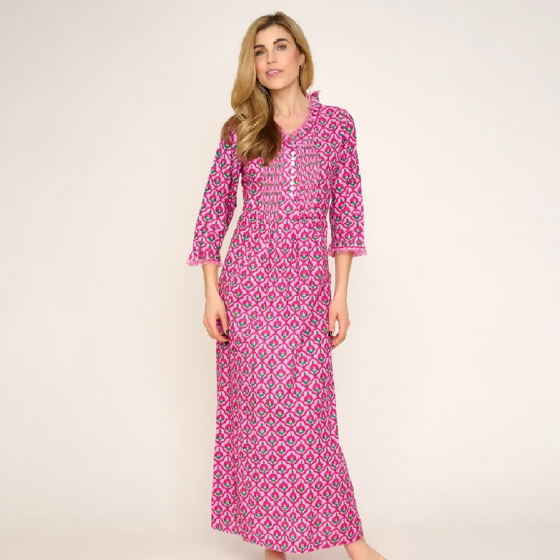 Cotton Annabel Maxi Dress in Pink & Green Moroccan Elegant Maxi Dress with Ruffles