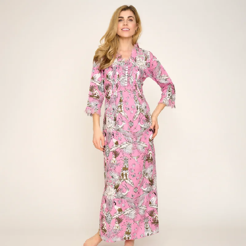 Cotton Annabel Maxi Dress in Pink Tropical Stylish Longline Maxi Dress