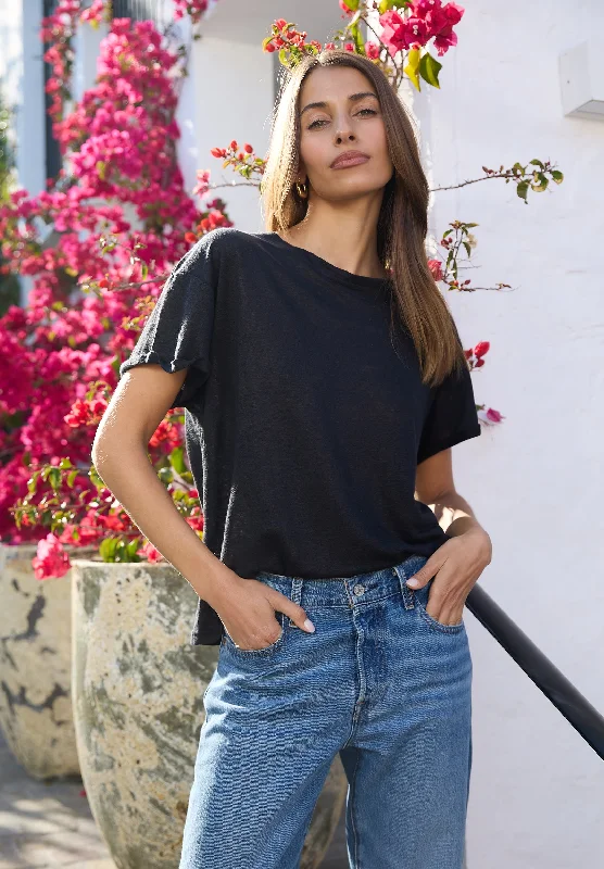 Francy-Linen Black Rolled Sleeve T-Shirt Front Pockets Side Pockets Patch Pockets