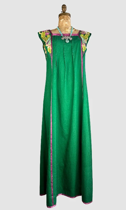 GIRASOL 70s Folk Embroidered Maxi Dress • Medium Trendy Button Front Maxi Dress