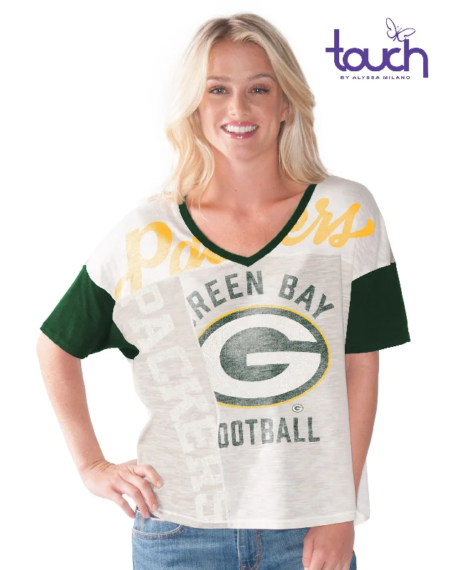 Green Bay Packers Oversize Women's Cream V-Neck Tee Thin T-Shirt Open Front Quick Dry