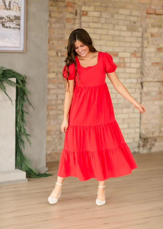 Harper Short Sleeve Tiered Red Maxi Dress Fashionable Off-Shoulder Maxi Dress