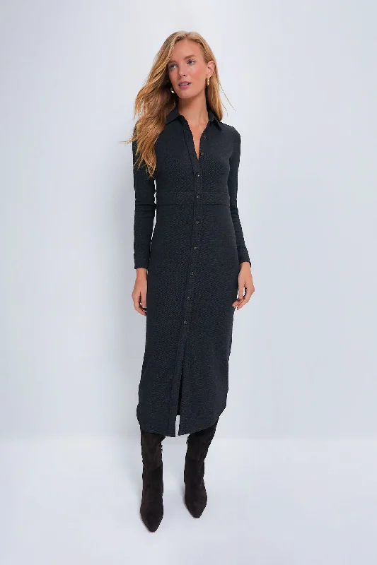 Heathered Black Twill Legend Sweater Maxi Dress Chic Button-Up Maxi Dress