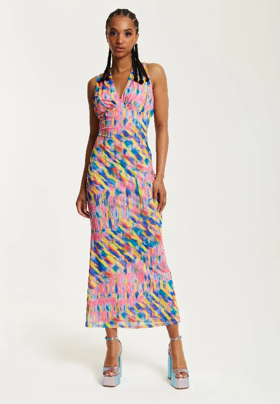 House of Holland Pink Maxi Dress With Multicolour Rainbow Print Fashionable Chiffon Tiered Maxi Dress