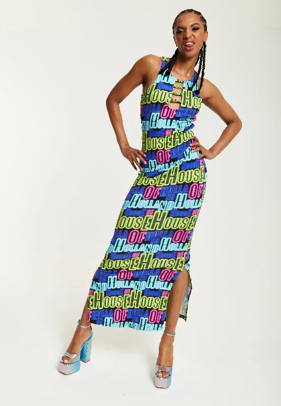 House of Holland Printed Multicolour Maxi Dress With Cut Out Details Trendy Satin Maxi Dress