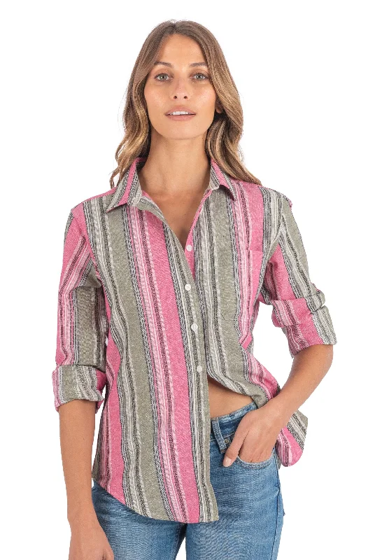 Iris Pink and Green Stripes Classic Fit Linen Shirt Zippered Front Buttoned Front Snap Front