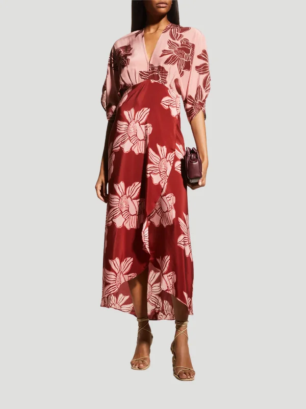 Katherine Pink Floral Kimono-Sleeve Silk Maxi Dress Chic Summer Maxi Dress