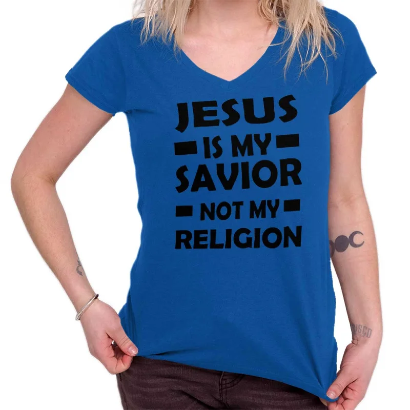 Jesus is my Savior Junior Fit V-Neck T-Shirt Print Jacquard Patchwork