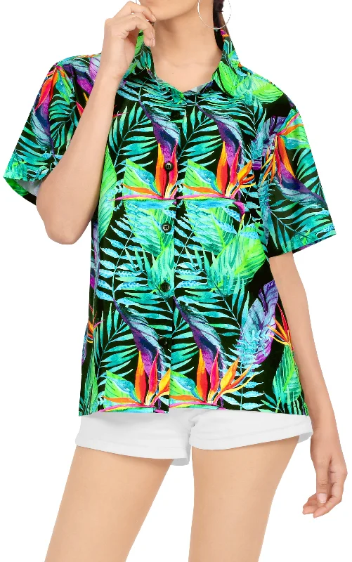 Black Allover Palm Leaves Printed Hawaiian Shirt For Women Anti-Pilling Machine Wash Handmade