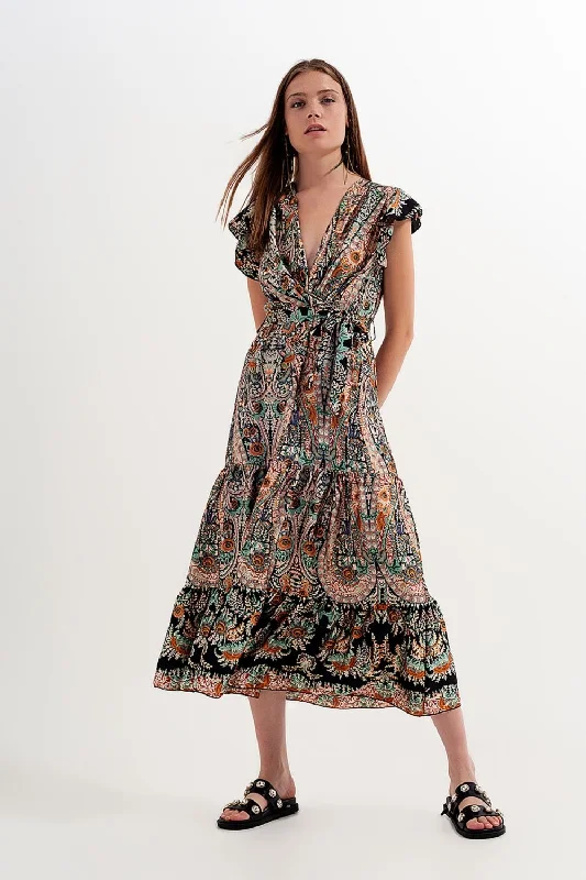 Maxi Dress With Tiered Skirt in Mixed Paisely Print Cozy Open-Back Maxi Dress