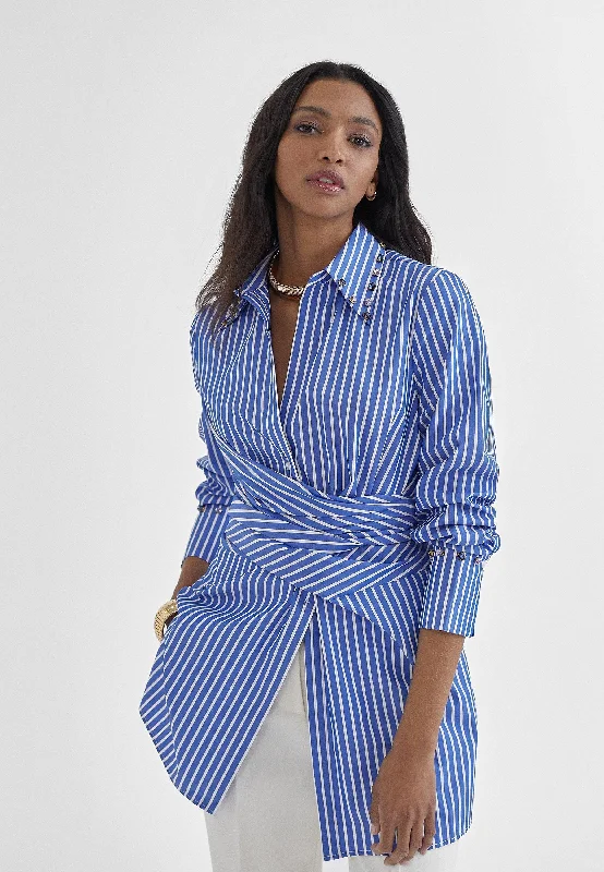 Striped shirt with knot Collared T-Shirt Boat Neck A-Line