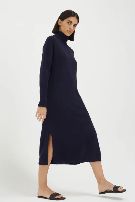 Navy Wool-Cashmere Rollneck Maxi Dress Trendy V-Neck Maxi Dress