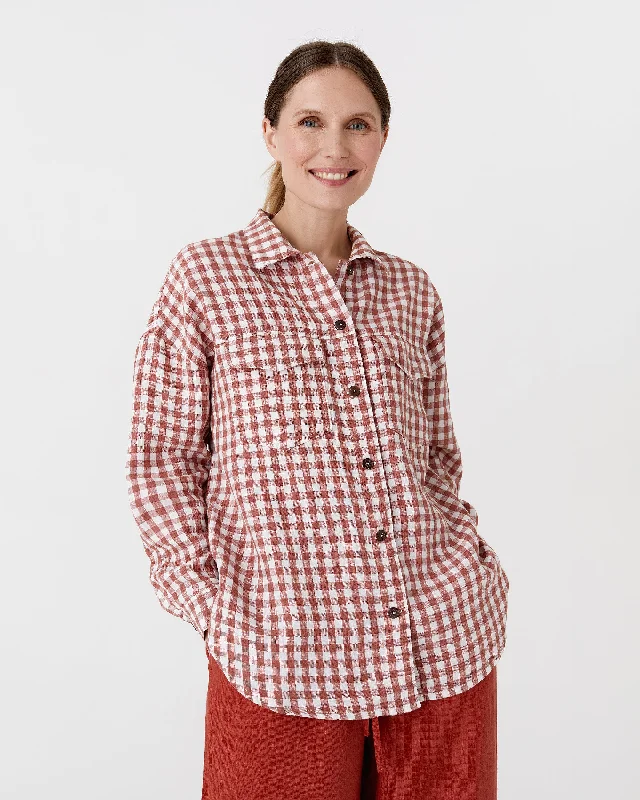 Oversized linen shirt SUMBA in Clay gingham Zippered Buttoned Snapped