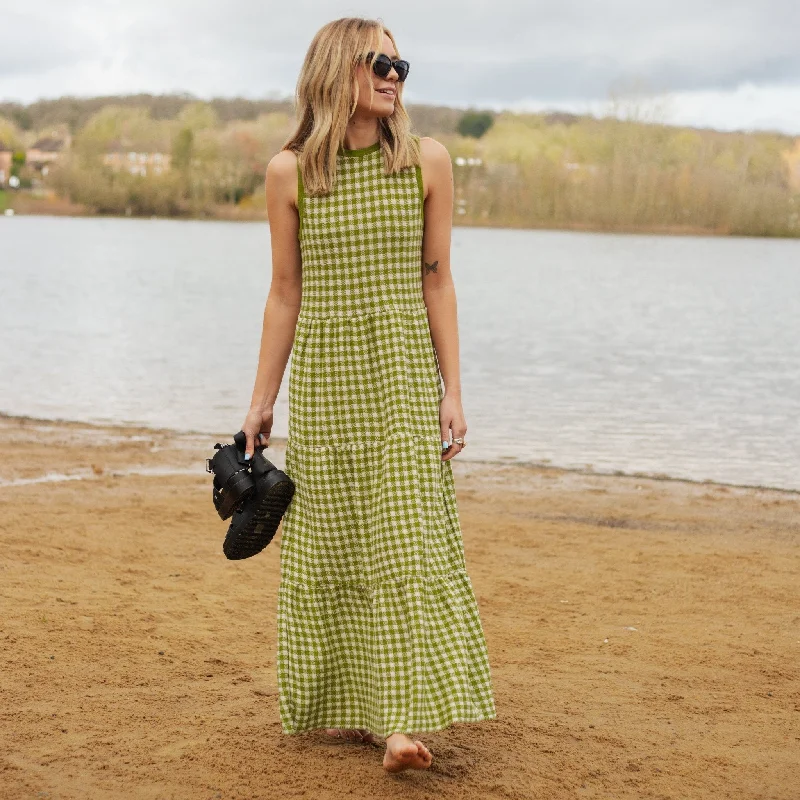 Paula Gingham Cotton Knitted Maxi Dress - Green Comfortable Bohemian Maxi Dress