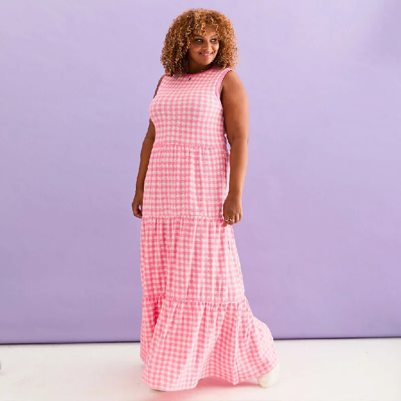 Paula Gingham Cotton Knitted Maxi Dress - Hot Pink Elegant Floral Maxi Dress