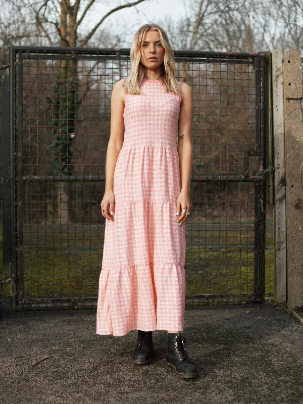 Paula Gingham Cotton Knitted Maxi Dress - Light Pink Trendy Maxi Dress with Straps