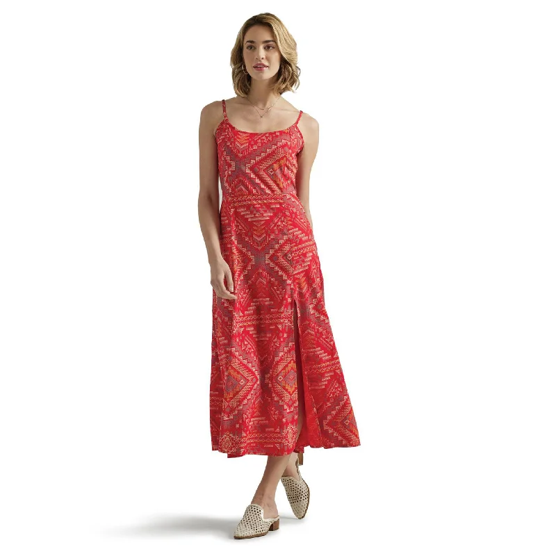 Wrangler Ladies Retro Aztec Woven Red Maxi Dress Elegant Maxi Dress with Slit