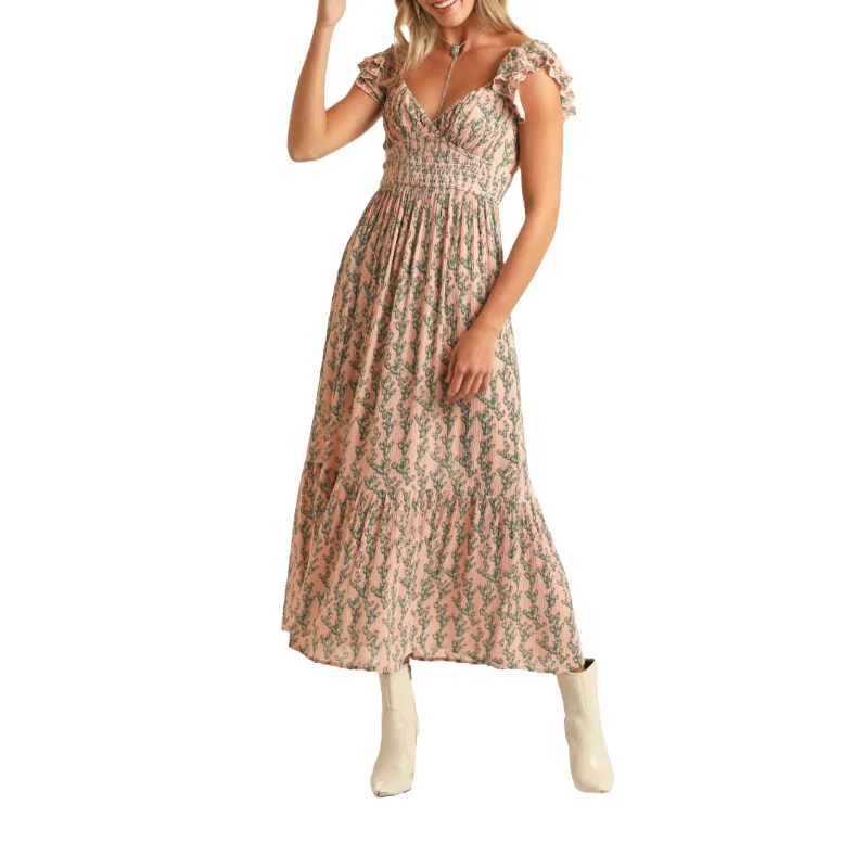 Rock & Roll Denim Ladies Ditsy Cactus Print Pink Maxi Dress BWD0R03874 Trendy Short Sleeve Maxi Dress