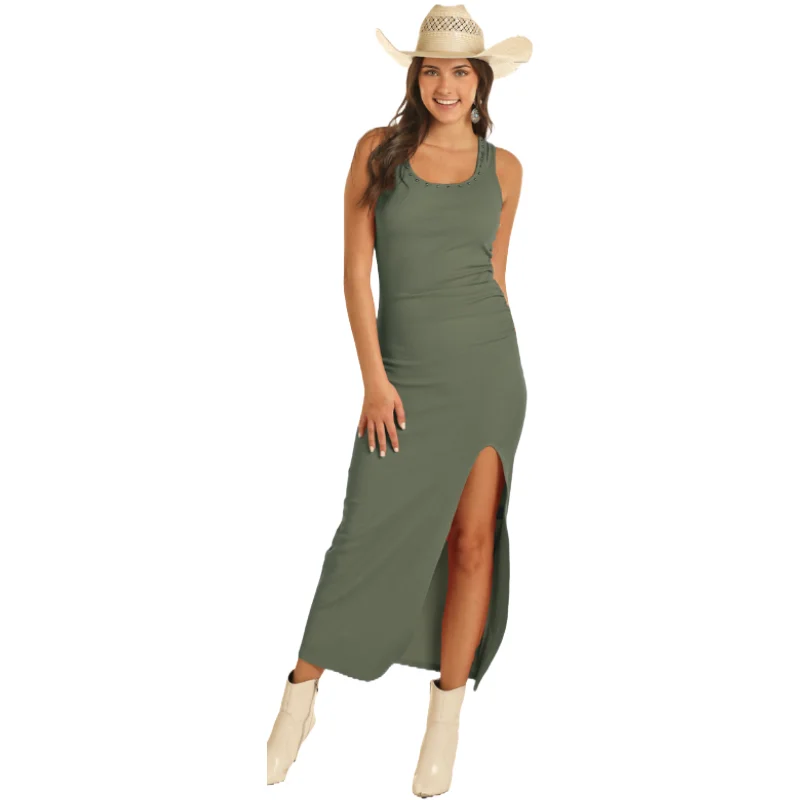 Rock & Roll Denim Ladies Rib Knit Olive Maxi Dress BWD0R03885-31 Fashionable Faux Wrap Maxi Dress