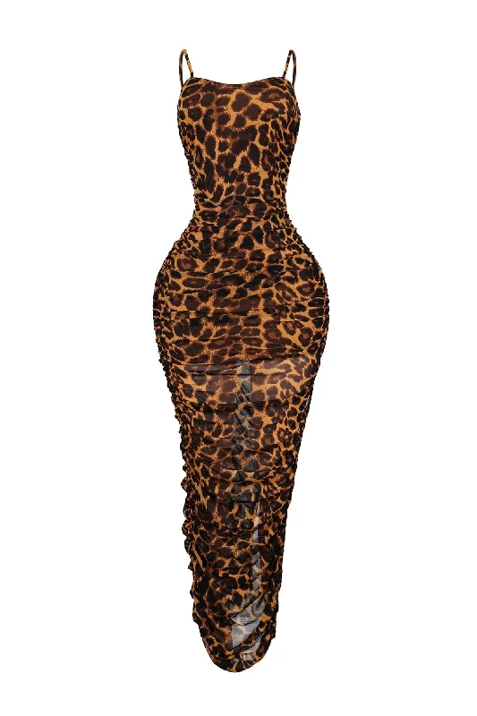 Roxy Leopard Mesh Ruched Maxi Dress Cozy Spaghetti Strap Maxi Dress