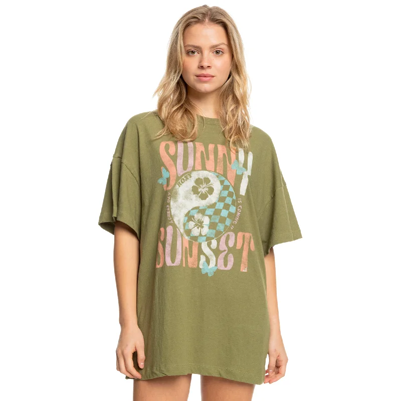 Roxy Sweet Janis II Oversized Women's S/S T-Shirt - Green Jersey Fabric Tulle Fabric Batik Fabric