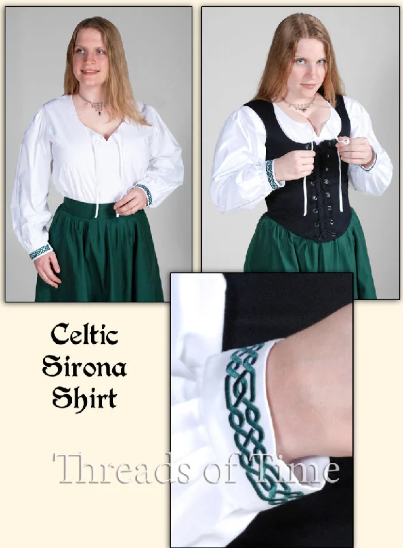 Sirona Shirt - Plain and Celtic Knotwork Embroidery Thin T-Shirt Open Front Quick Dry