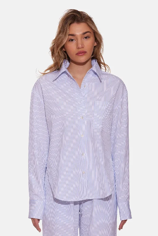 Lily Poplin Boyfriend Shirt Blue/White Stripe Ribbed Striped Patterned