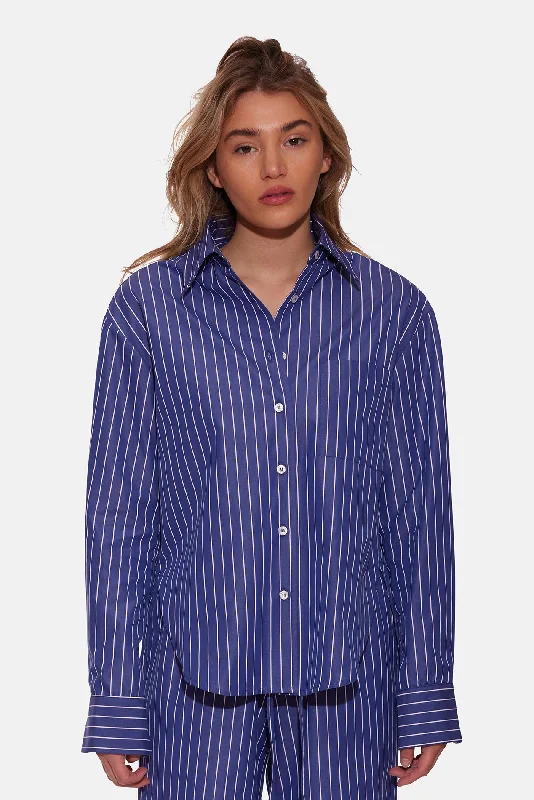 Lily Poplin Boyfriend Shirt Navy/White Stripe Lace Blend Ribbed Blend Corduroy Blend