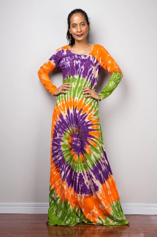 Tie dye swirl dress, Hippie Festival maxi dress, Long Sleeve Rainbow dress, Colourful gypsy dress Elegant Tiered Maxi Dress