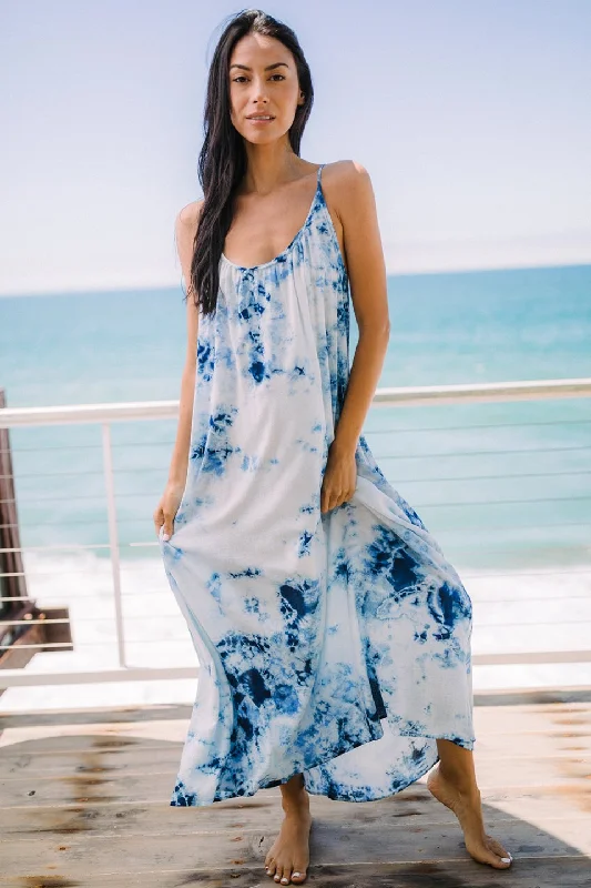 Tulum Low Back Maxi Dress- Indigo Tie Dye by 9Seed Stylish Boho Chic Maxi Dress